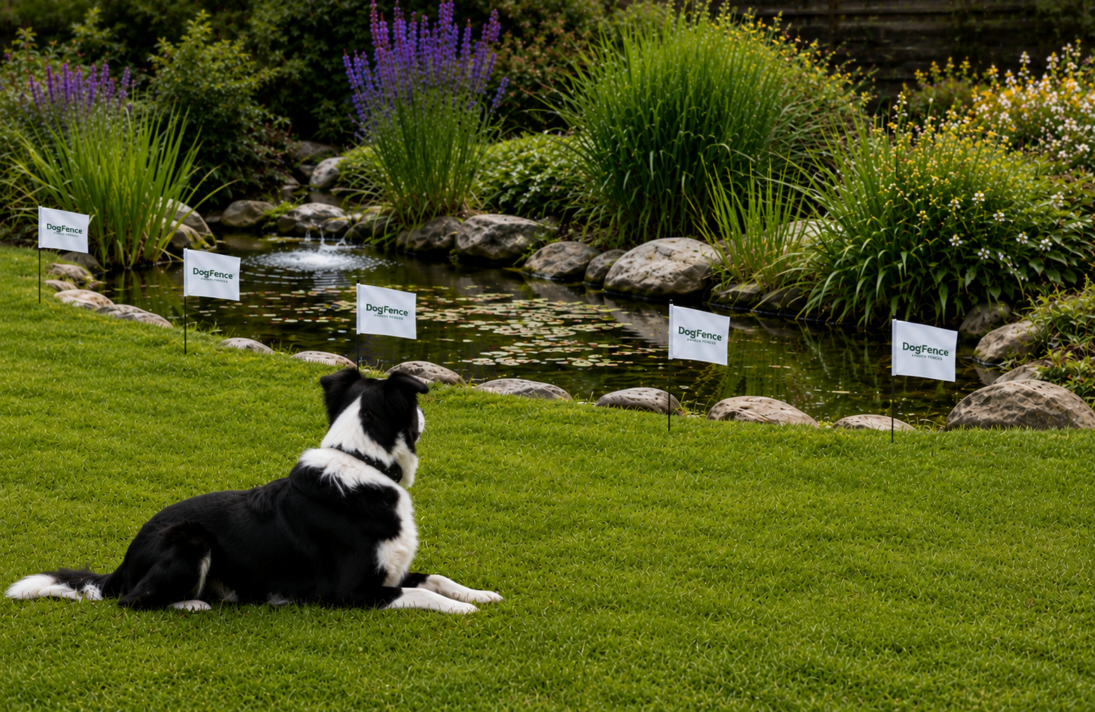 Can I create a no-go zone with a hidden dog fence? Border Collie beside a hidden dog fence protecting a garden pond with an internal dog exclusion zone.