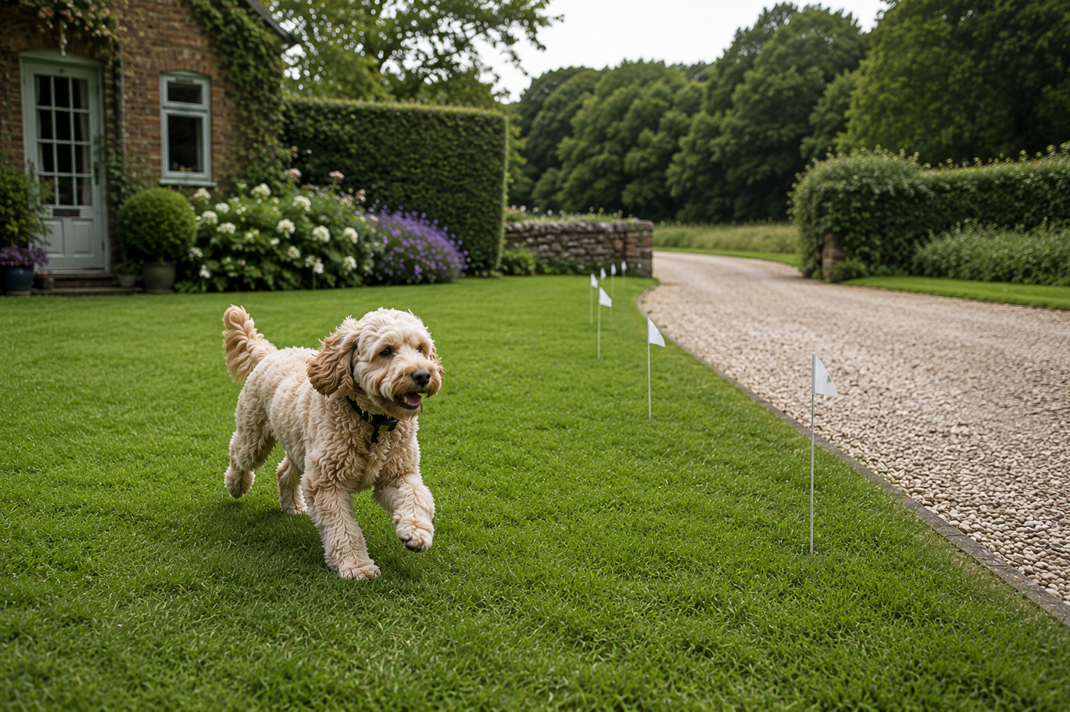 Cockapoo running safely in a garden with an open driveway and white boundary training flags