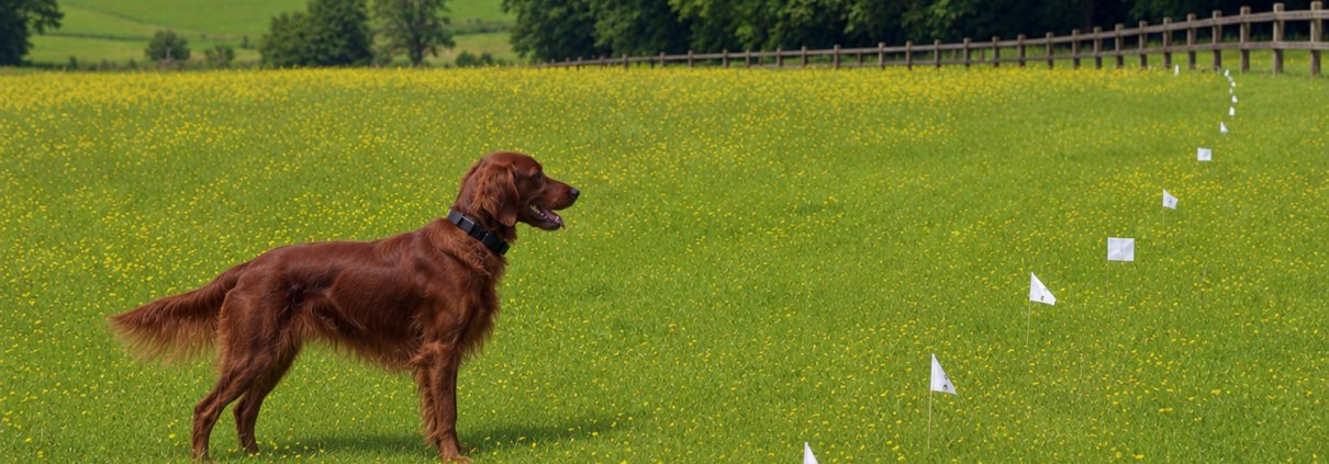 Red setter wearing an invisible fence collar in a large meadow, with white training flags marking the underground boundary