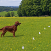 stop-dogs-roaming-rural-dog-boundary Red setter wearing an invisible fence collar in a large meadow, with white training flags marking the underground boundary