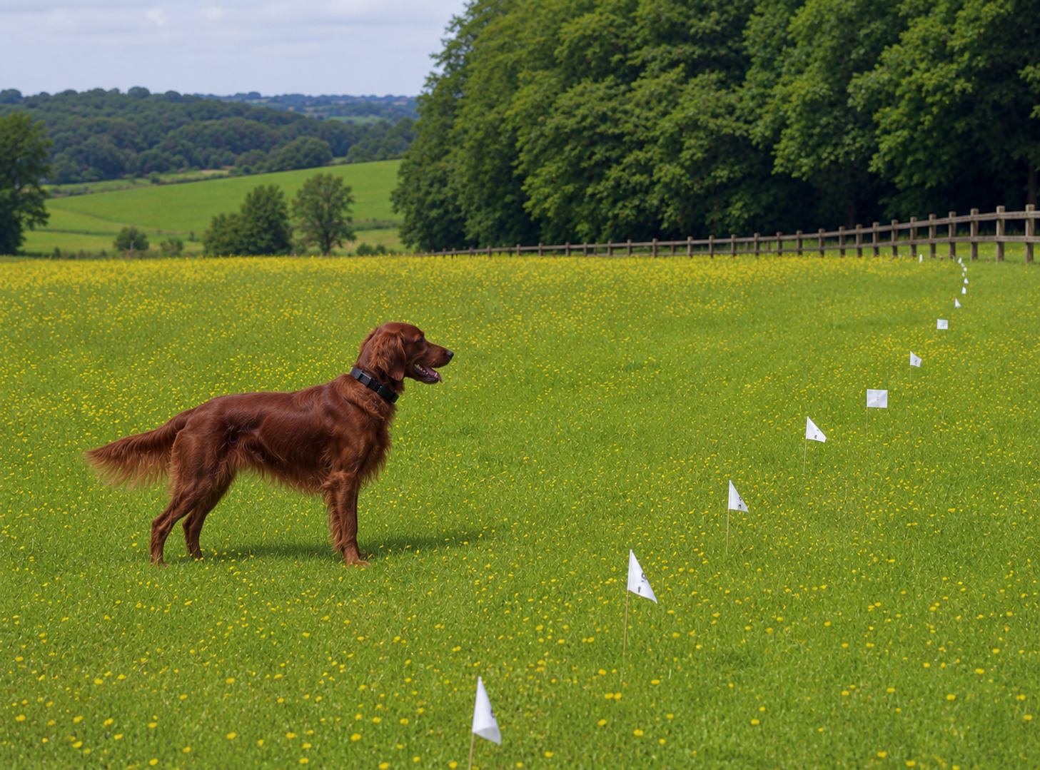 Underground dog fence for several acres with a dog beside boundary training flags