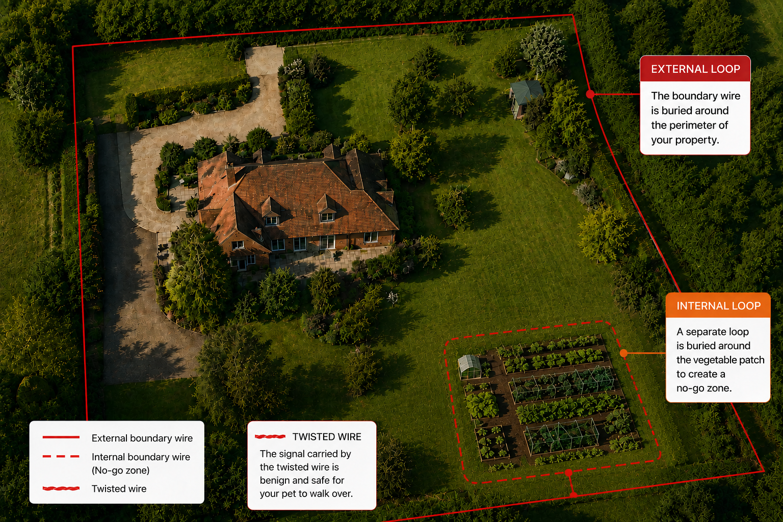 Aerial view of dog fence loop around a vegetable patch