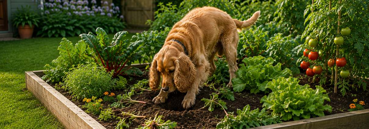 dog digging up vegetable garden