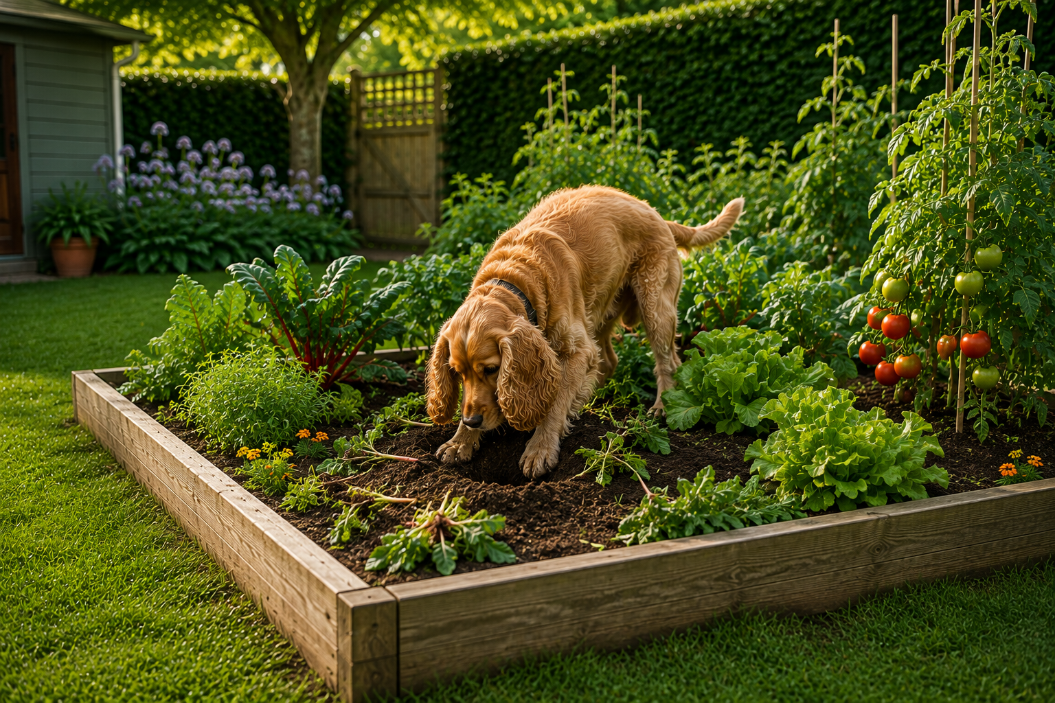 Dog digging in a raised vegetable patch before a hidden dog fence exclusion zone is installed