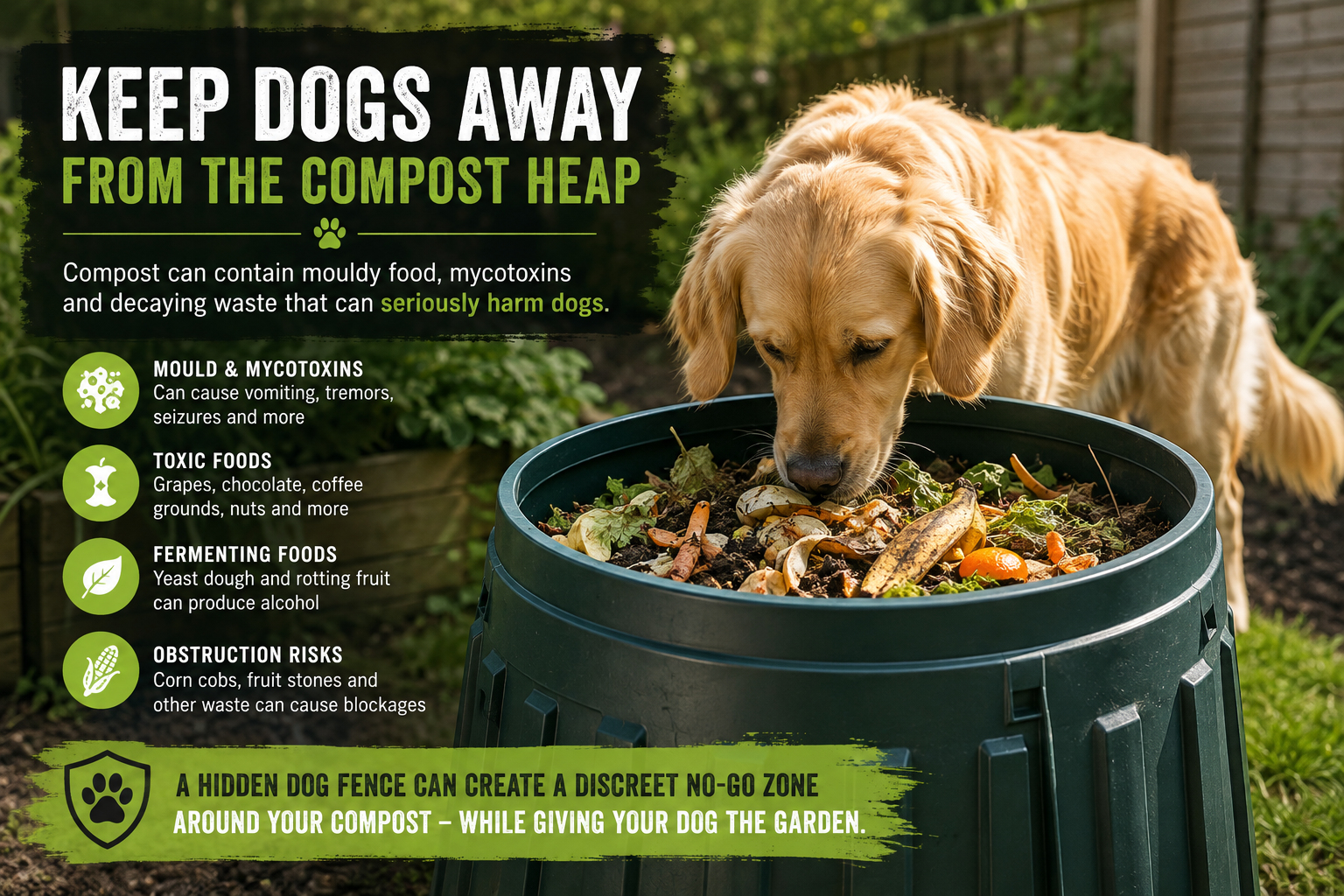 infographic on the dangers of a dog eating food from a compost bin