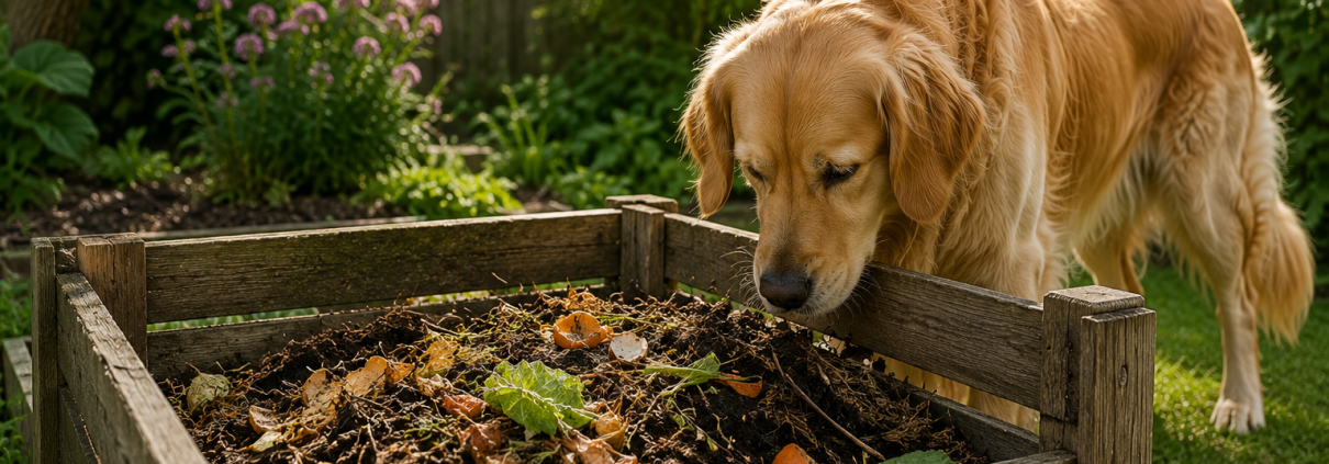 dog eating compost out of a compost bin