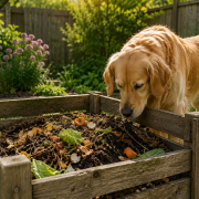dog eating compost out of a compost bin