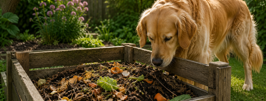 dog eating compost out of a compost bin