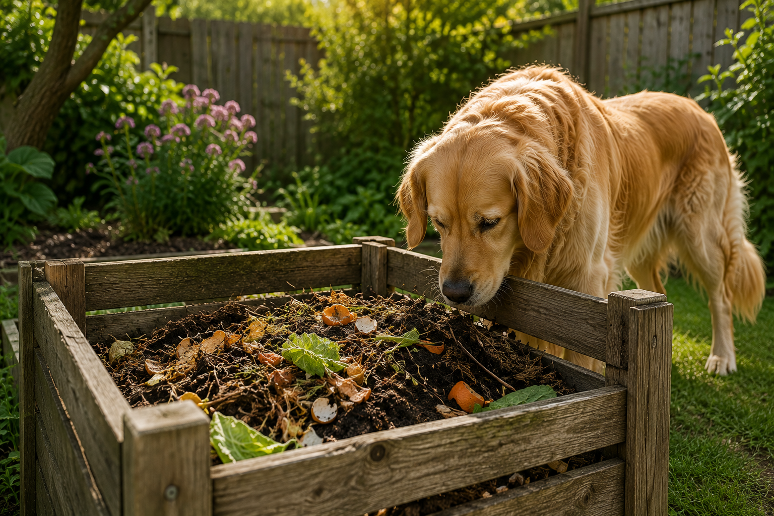 goldren retriever eating compost from a compost heap or bin
