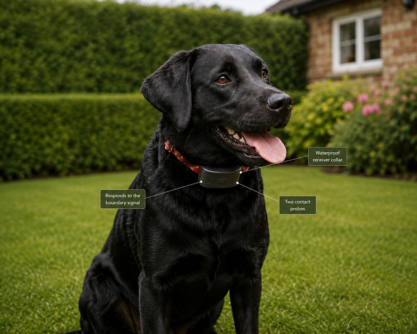Black Labrador wearing a DogFence receiver collar showing the contact probes and hidden dog fence technology