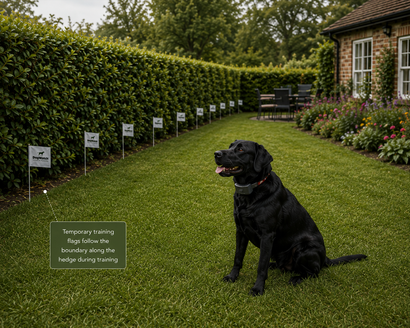 DogFence training flags marking a hidden dog fence boundary along a garden hedge with a dog wearing a receiver collar