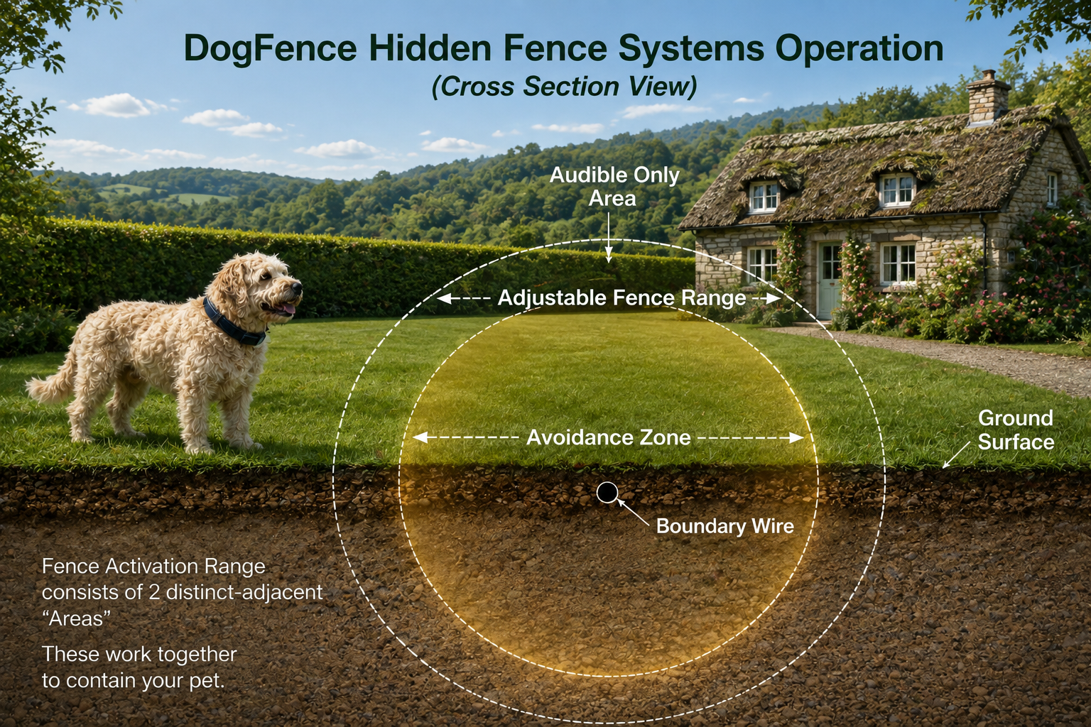 Cross-section showing how a hidden dog fence boundary wire creates an adjustable avoidance and audible warning zone