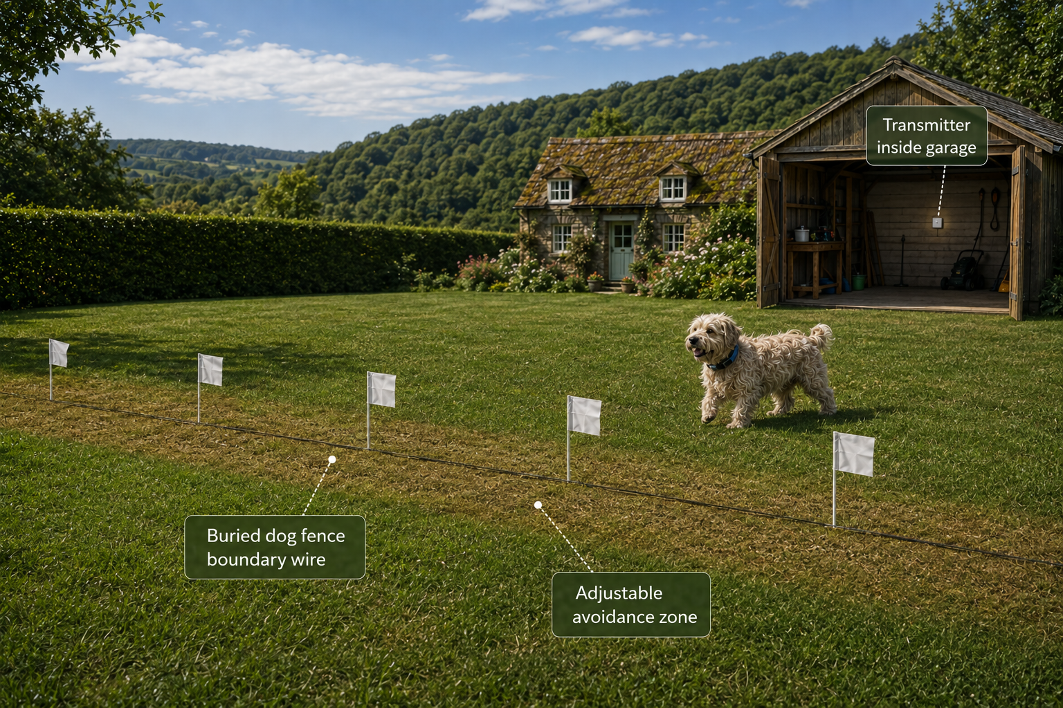 How a DogFence hidden dog fence works with buried boundary wire, adjustable avoidance zone and indoor transmitter