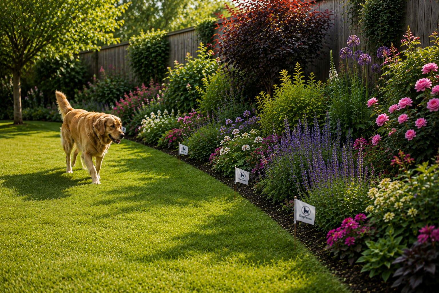 Training flags mark the hidden dog fence boundary, helping your dog learn to stay out of flower beds while enjoying the rest of the garden.