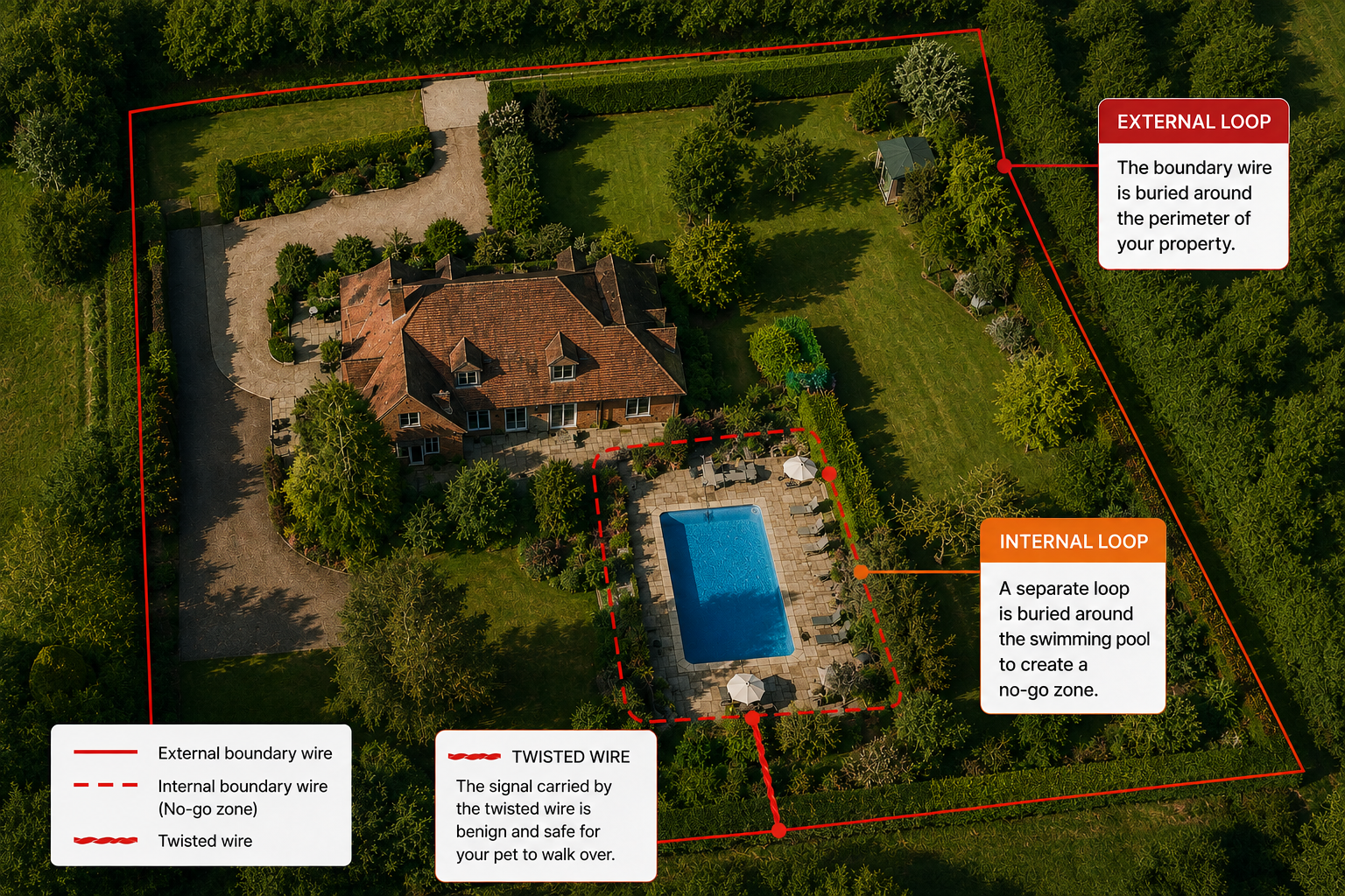 Aerial view showing a hidden dog fence with an external boundary loop, internal swimming pool no-go zone and twisted wire connection