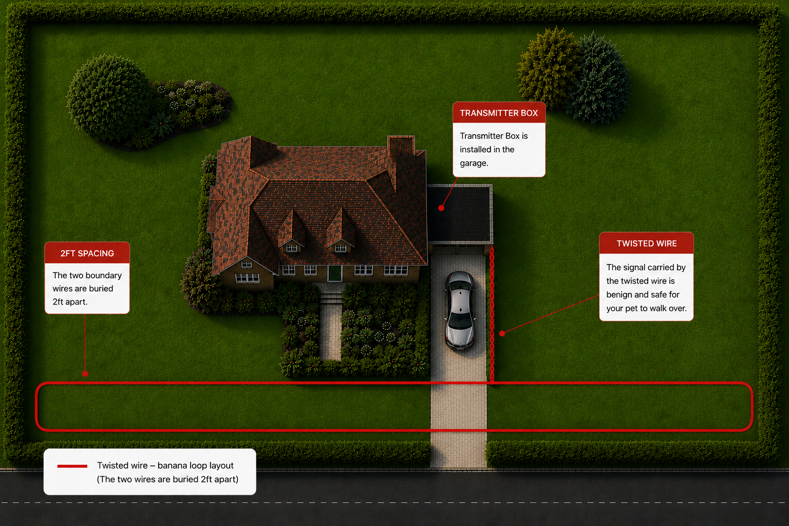 driveway only or single boundary where the cable runs back on itself for a hidden dog fence