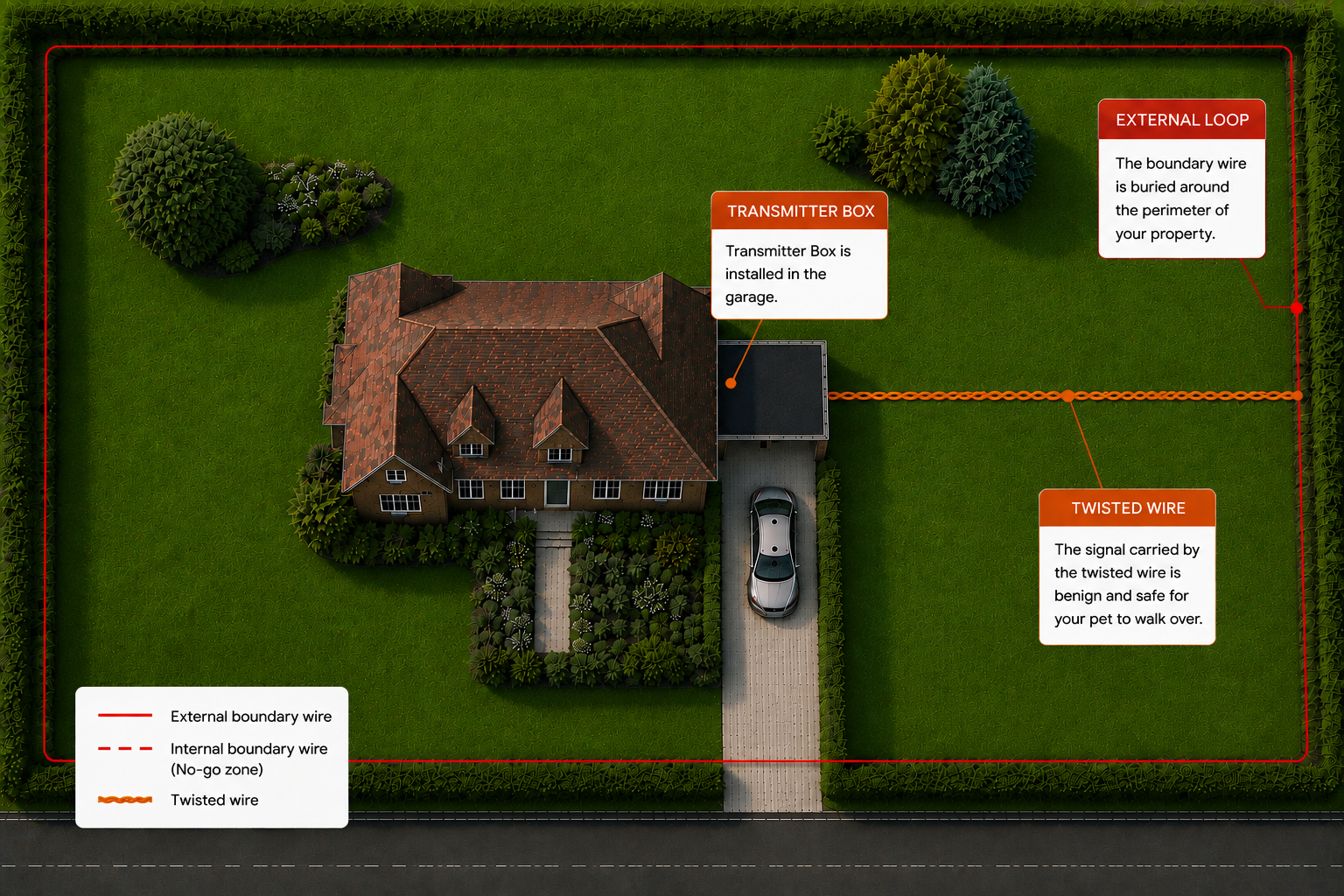 Standard dog fence layout showing buried boundary wire around the property, driveway and garden with transmitter box and twisted wire