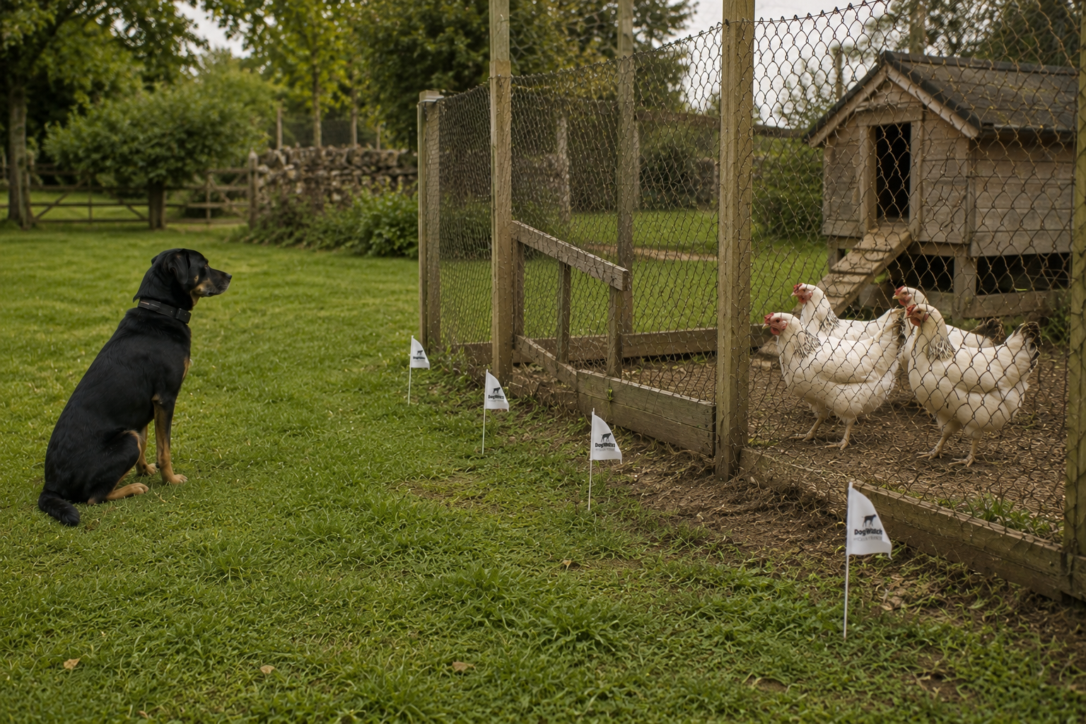Dog wearing a DogFence collar sitting behind training flags away from a chicken run