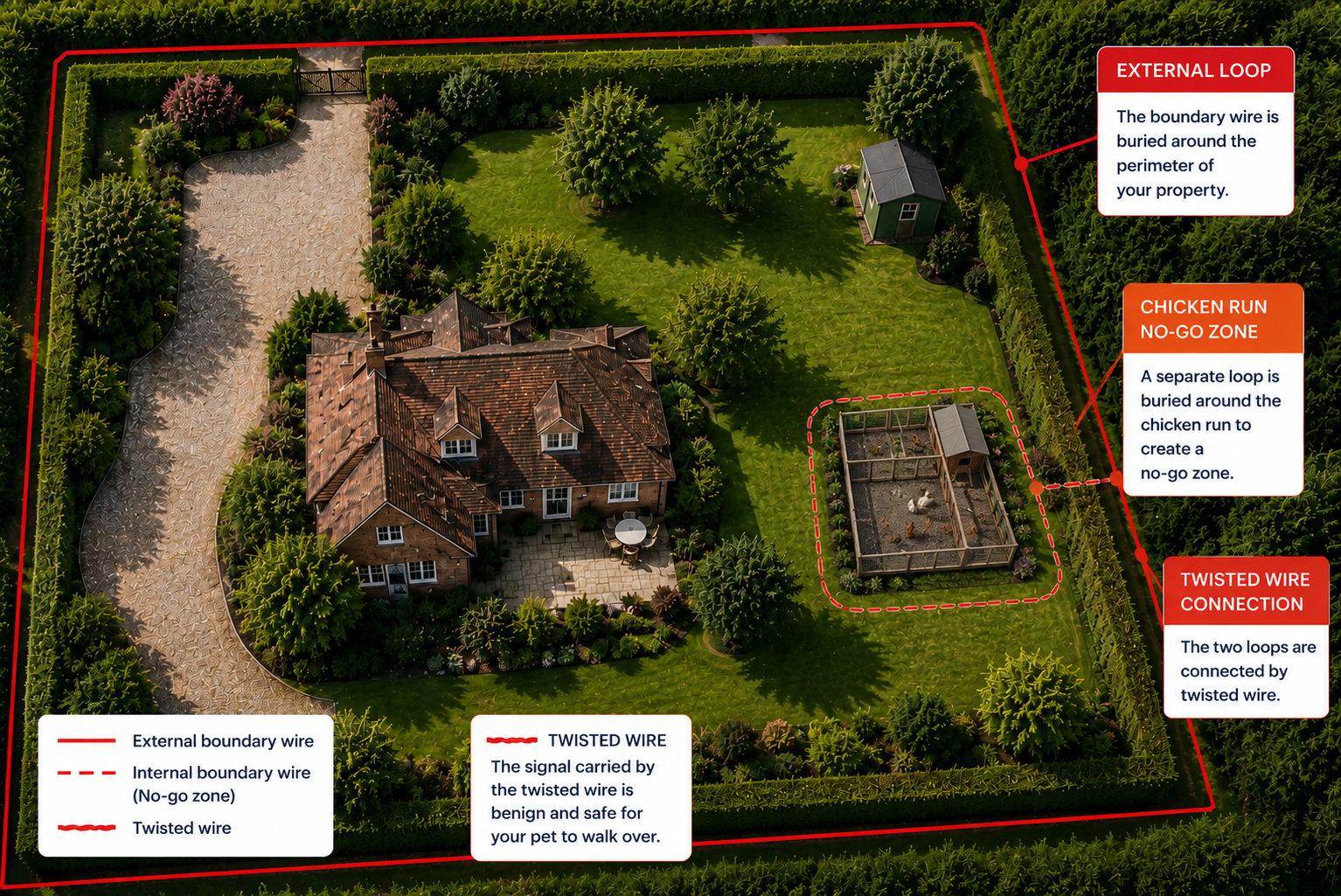 aerial view of the inner dog fence loop to keep the dog out of the chicken coop