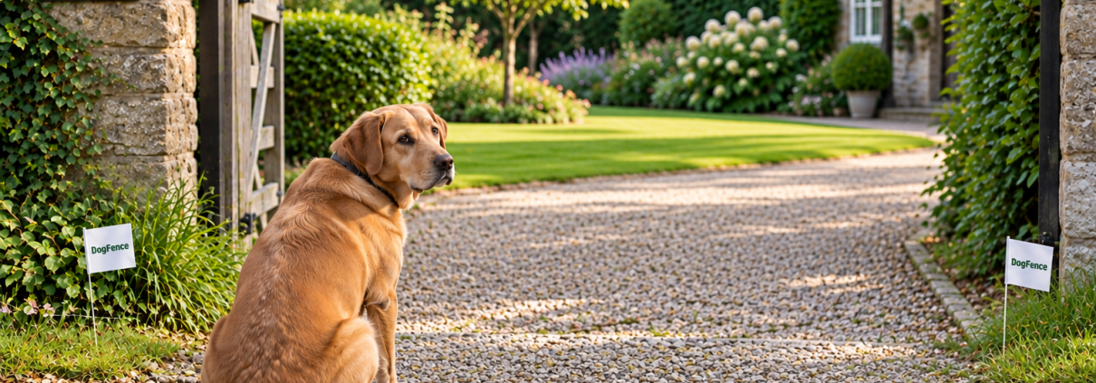 Dog stuck outside invisible dog fence boundary looking back towards home
