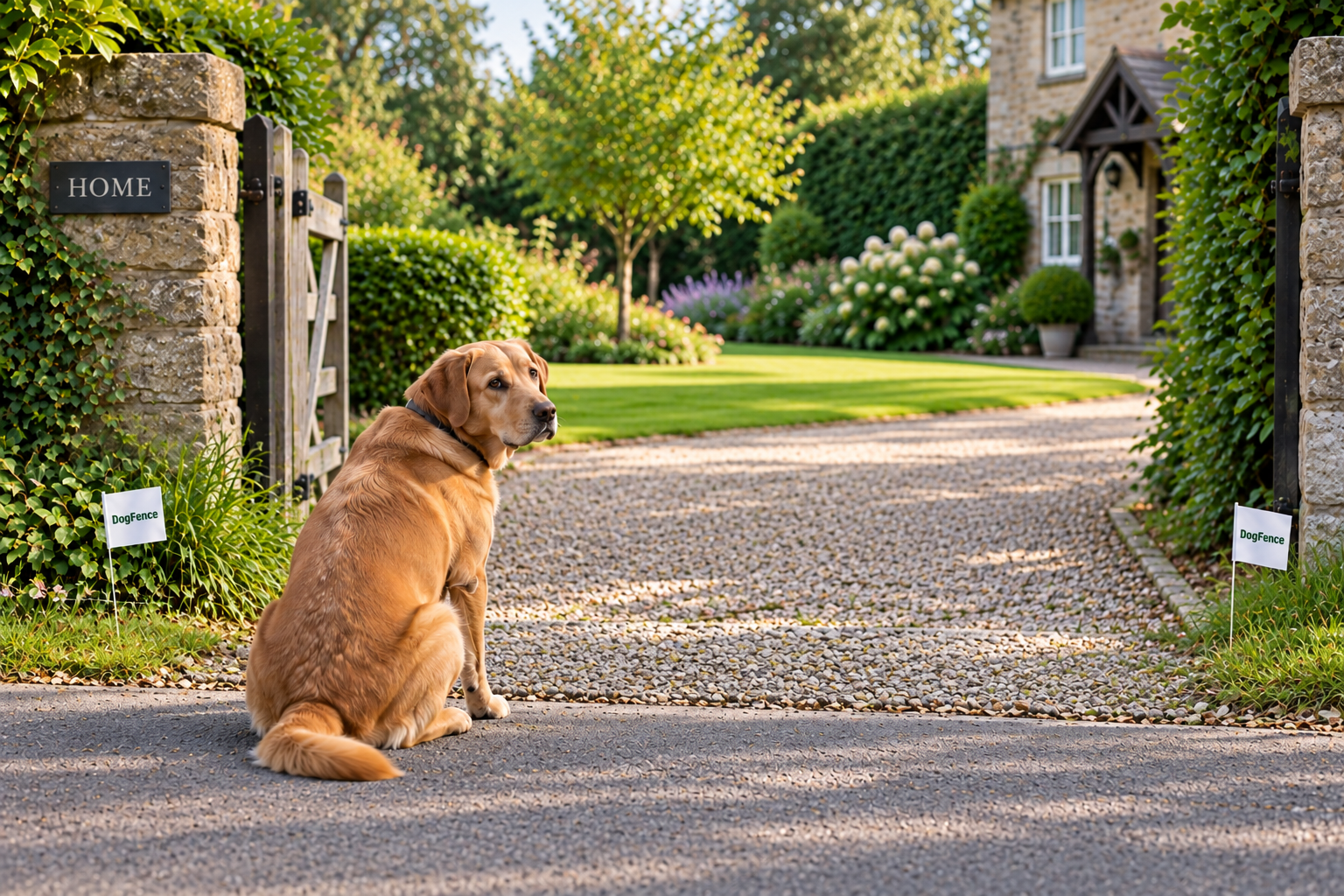 Dog stuck outside dog fence boundary looking back towards home