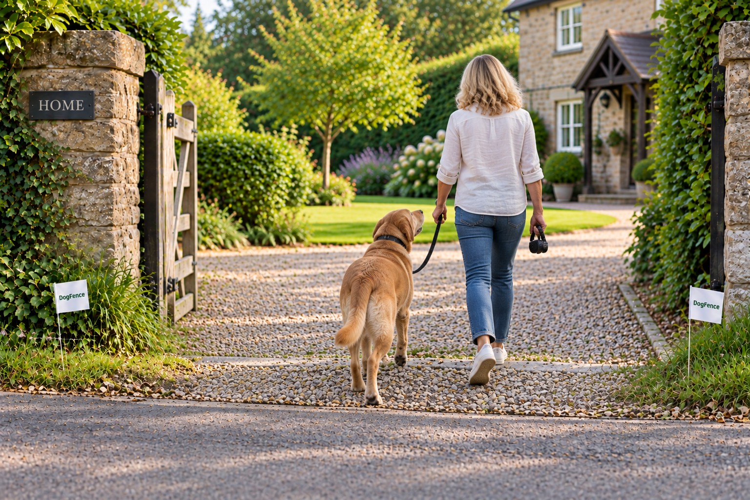 Owner walking dog safely back through dog fence boundary on lead