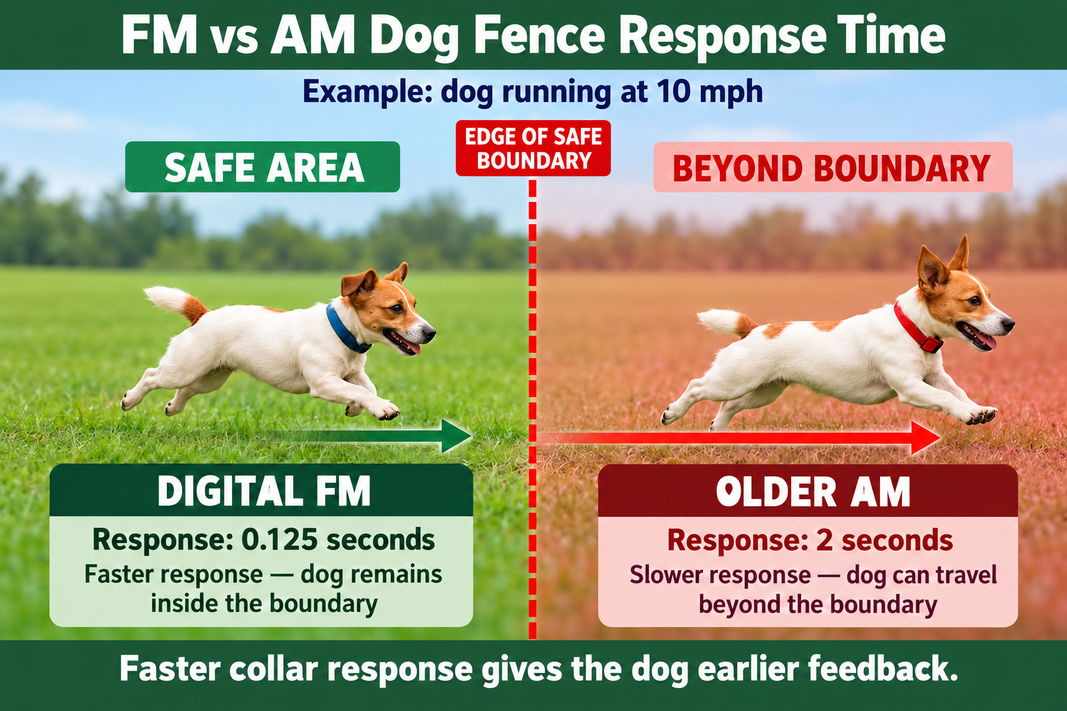 FM vs AM dog fence collar response time showing faster FM feedback before a dog crosses the safe boundary