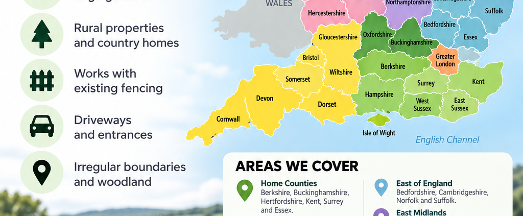 Underground dog fence installation across England showing DogFence coverage areas and counties