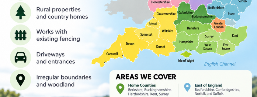 Underground dog fence installation across England showing DogFence coverage areas and counties