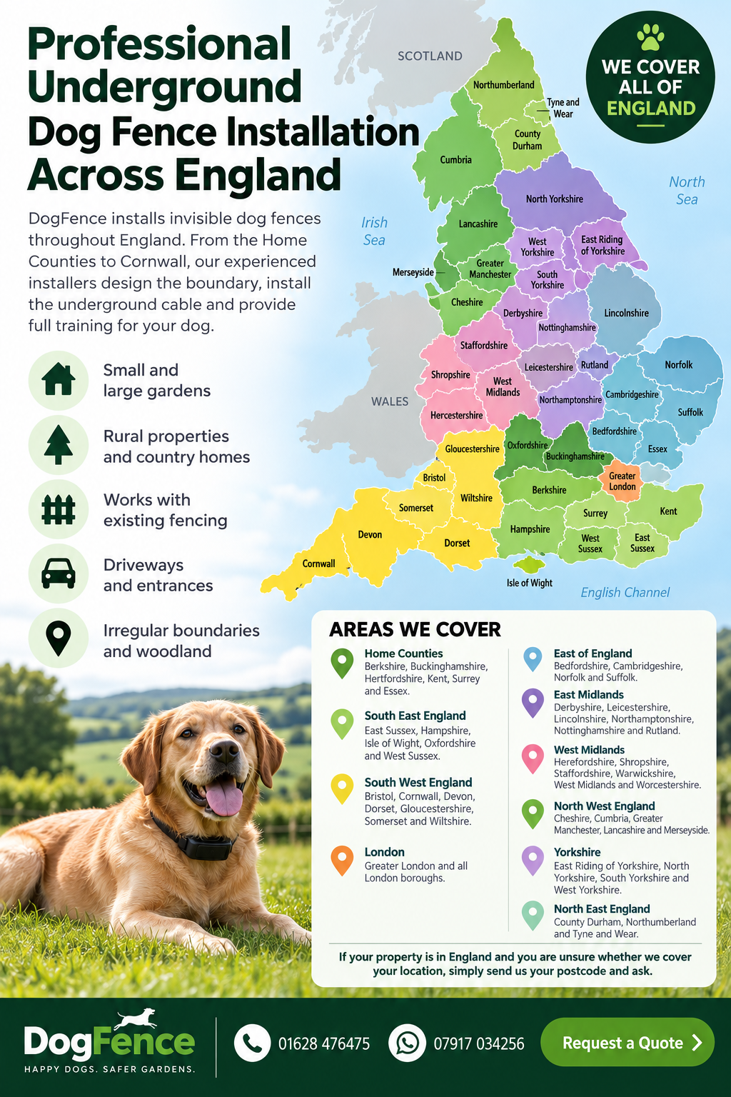 Underground dog fence installation across England showing DogFence coverage areas and counties