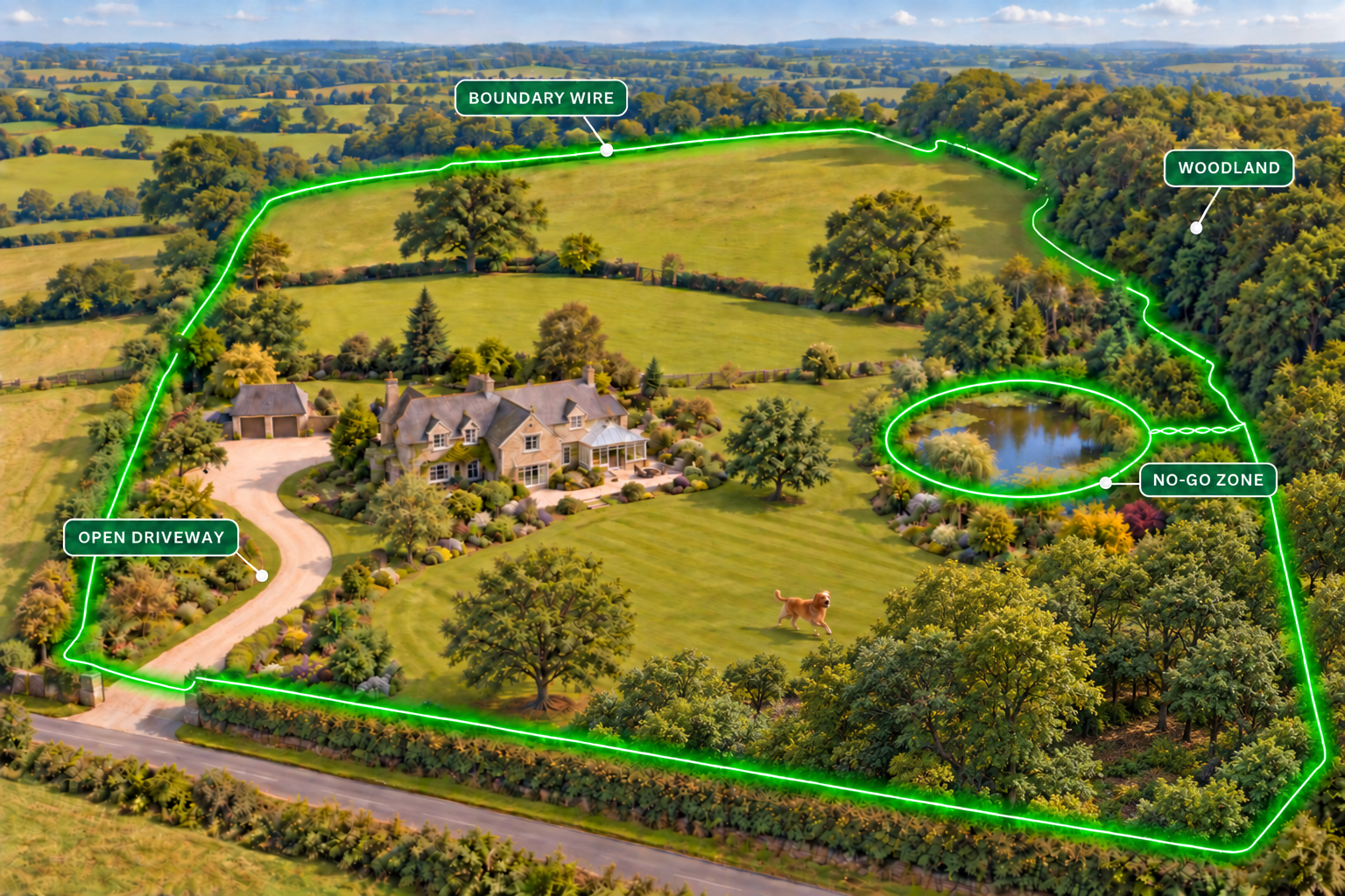 Underground dog fence for several acres with driveway,woodland and pond exclusion zone