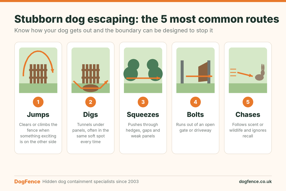 Stubborn dog escaping garden through five common routes including jumping fences, digging, squeezing through hedges, open gates and chasing wildlife